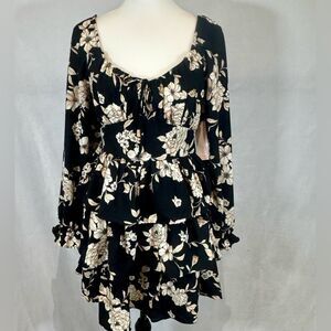 Black and ivory long sleeve corset top tiered floral ruffle dress size large NWT